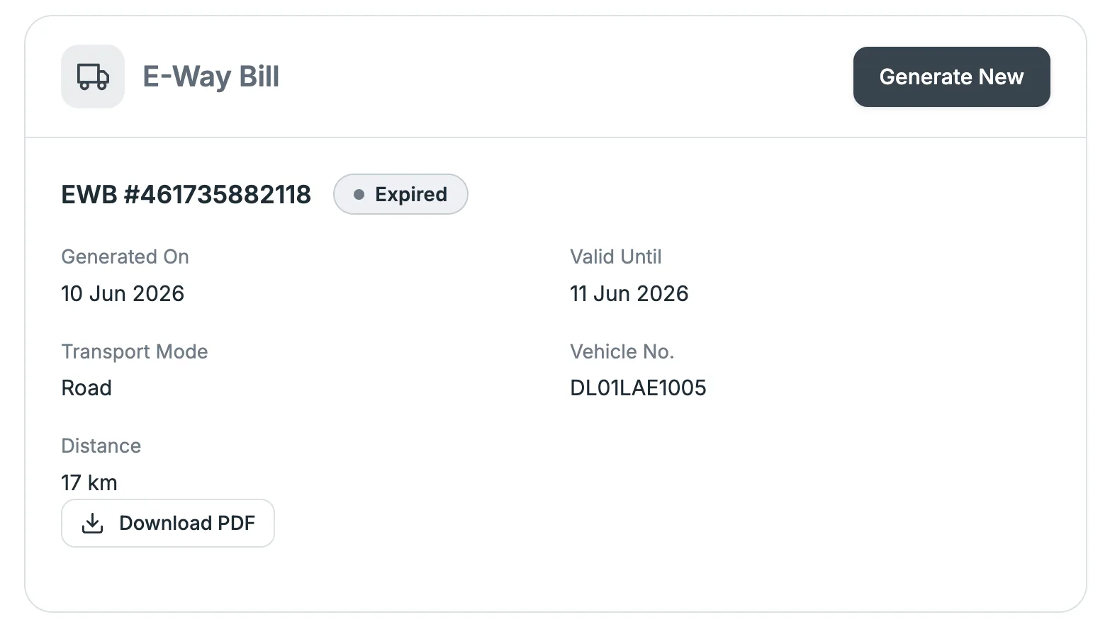 ReadyBooks e-way bill detail with EWB number, validity, transport mode, vehicle, and distance