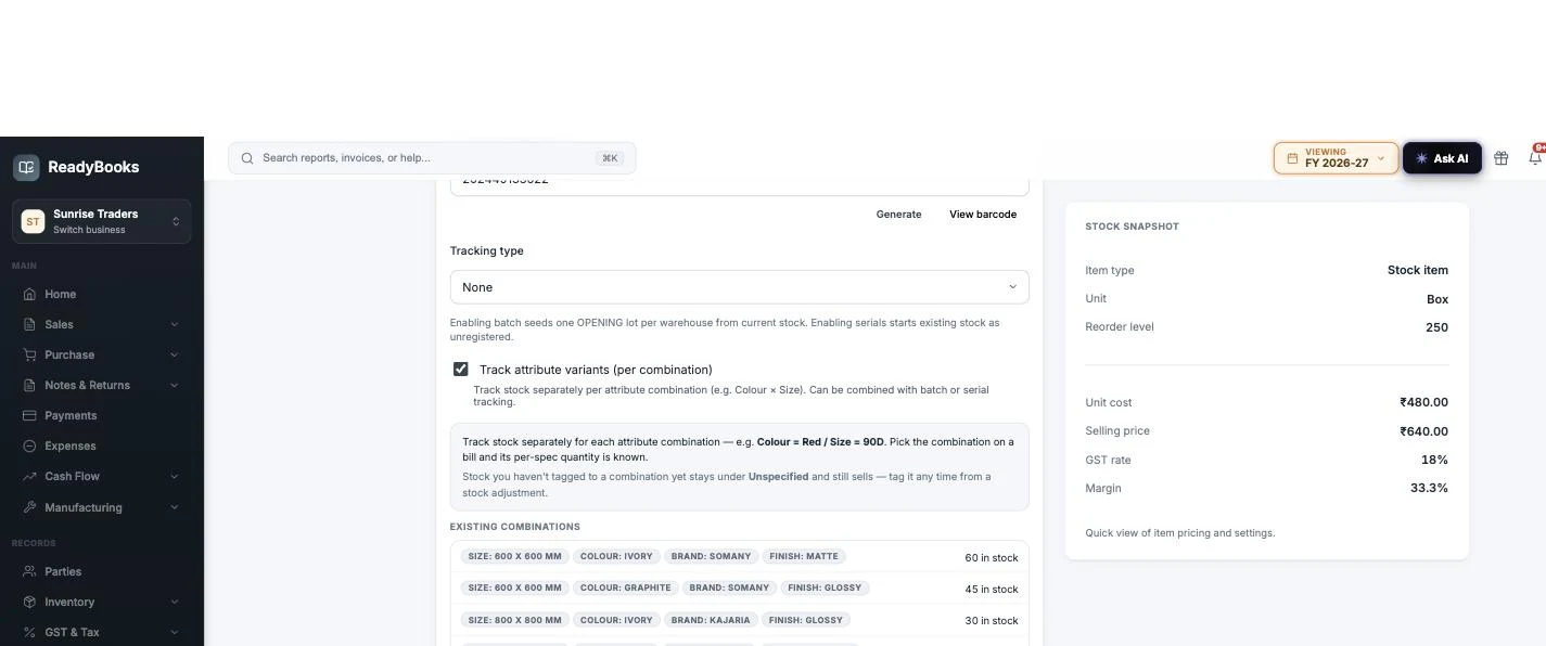 Stock & tracking section of the item form with a barcode field offering Generate and View barcode, a tracking-type selector, the track-attribute-variants toggle checked, an explainer for the Unspecified pool, and existing combination chips with per-combination stock
